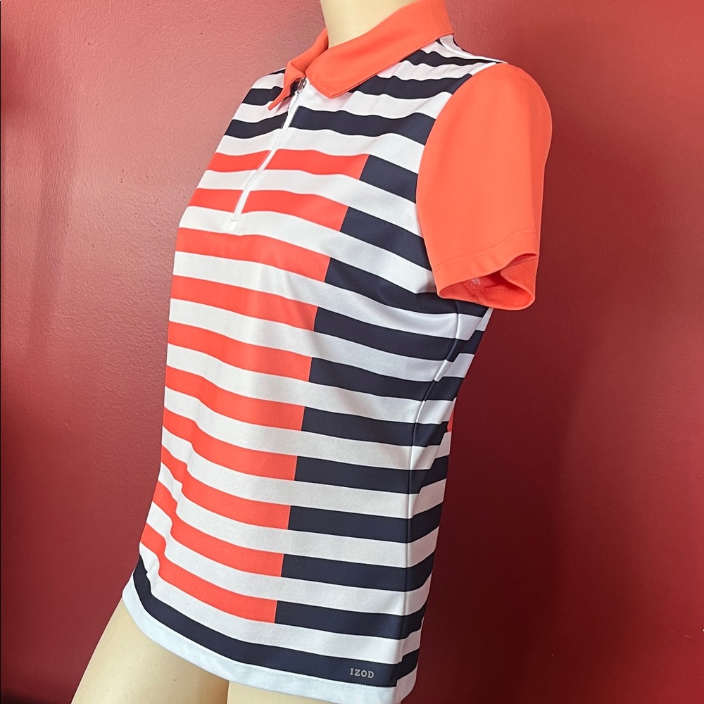 Like new Izod Women's 1/4 zip Down Shirt - Coral, White, and Navy Stripes - Picture 5 of 12